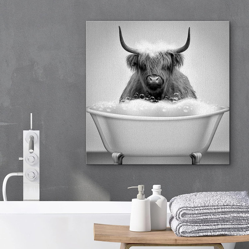 IDEA4WALL Funny Animal Bathroom Pictures Shetland Cow In Bathtub